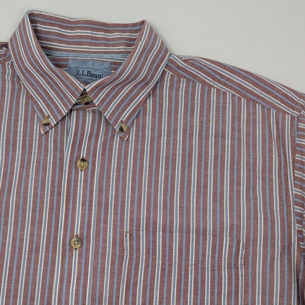 LL Bean Mens M Tall Short Sleeve Button Down Shirt Striped Maroon Blue Cotton